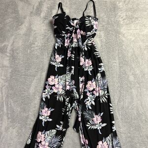 NO BOUNDARIES Womens XS 1 Black Floral Print Strapless Wide Leg Jumpsuit Romper